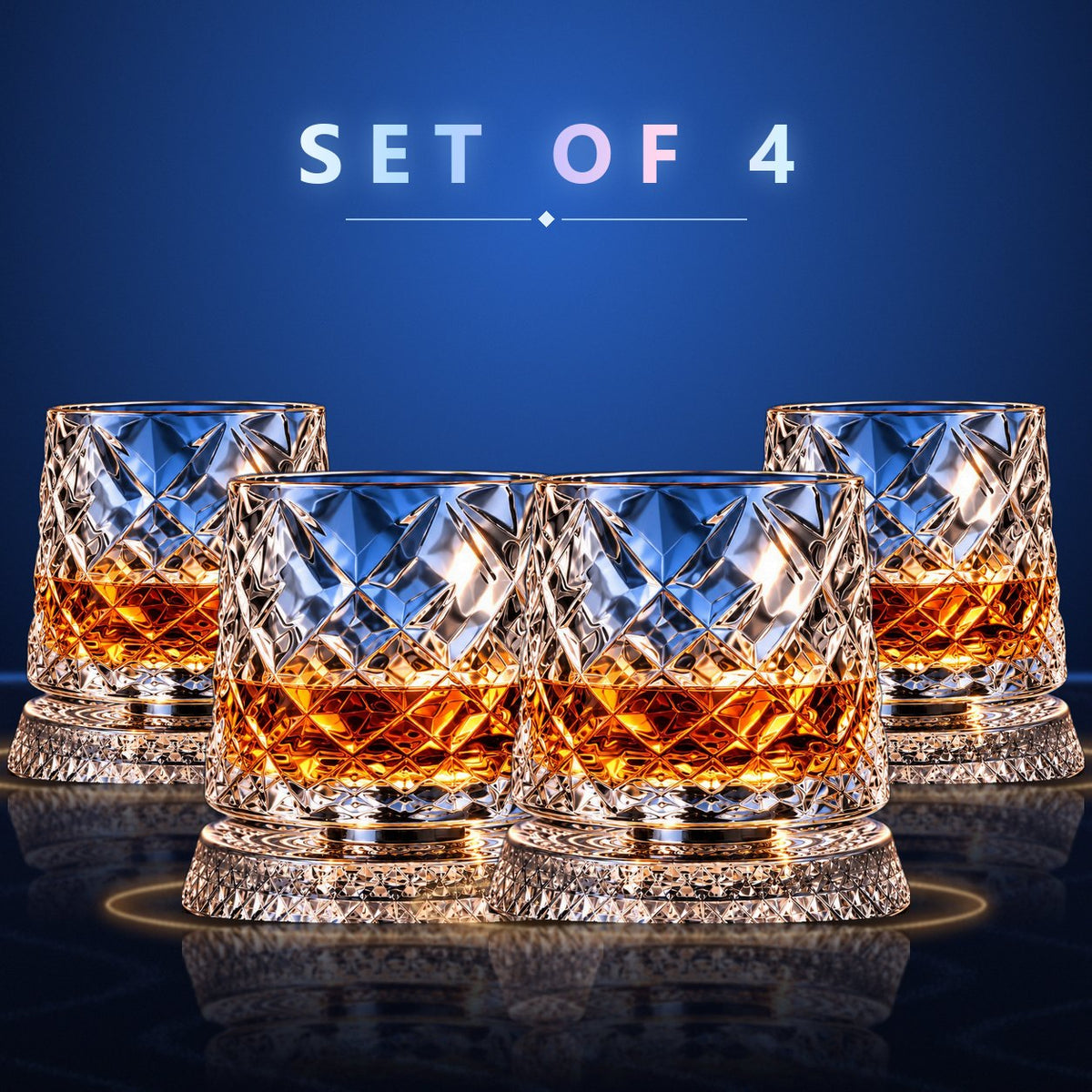 Set of 4 Orbit spinning whisky glasses, Crown cut