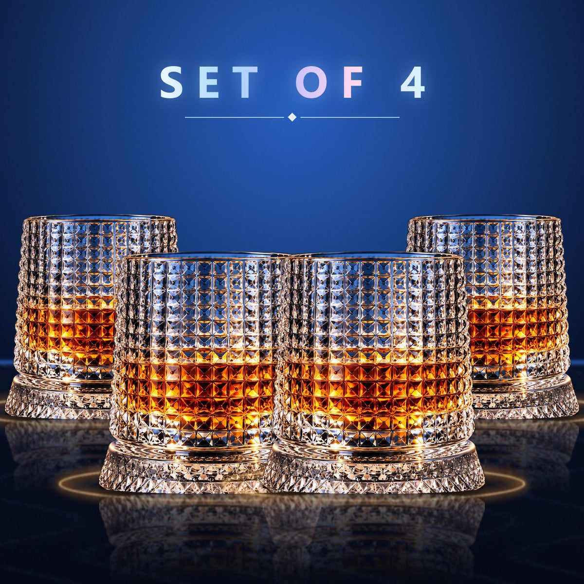 Set of 4 Orbit spinning whisky glasses, Prism cut