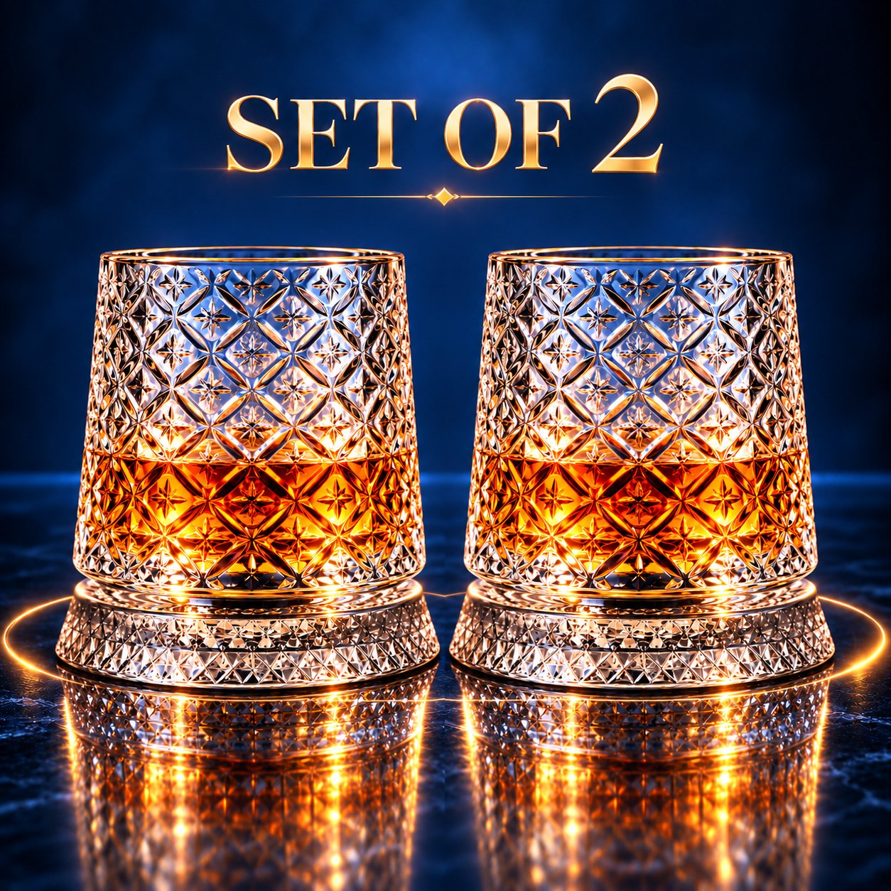 A gift set of two Orbit spinning whisky glasses