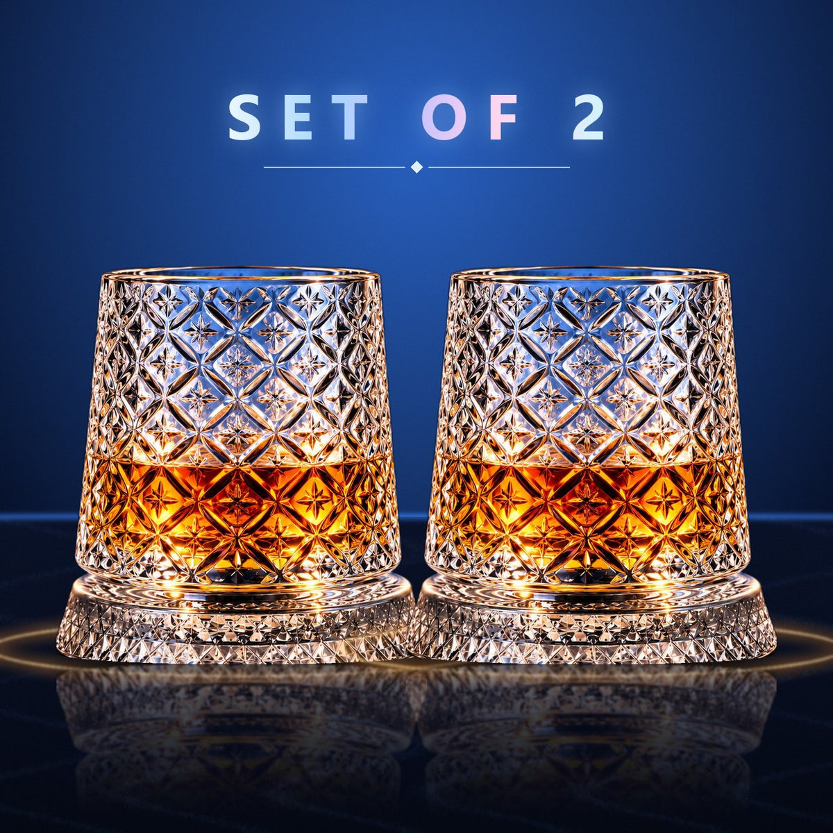 Set of 2 Orbit spinning whisky glasses, Diamond cut