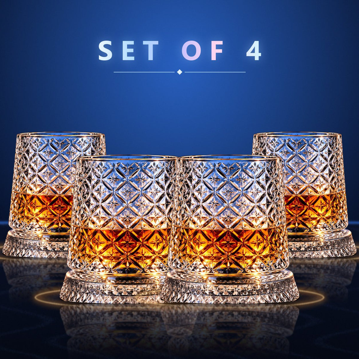 Set of 4 Orbit spinning whisky glasses, Diamond cut