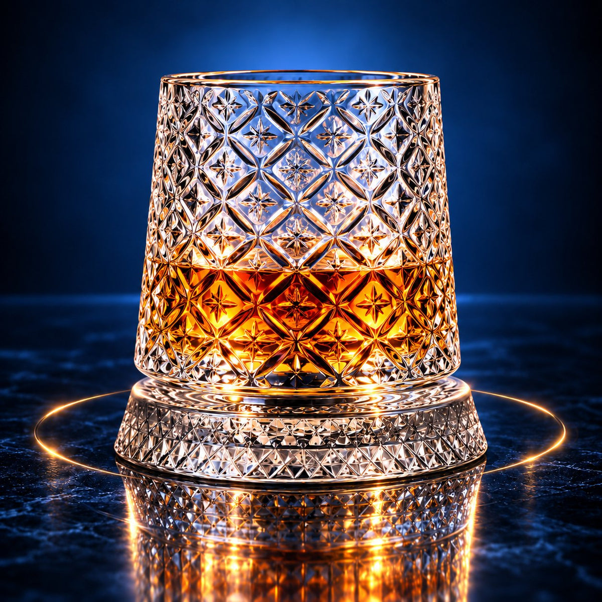 Orbit spinning whisky glass, Diamond cut