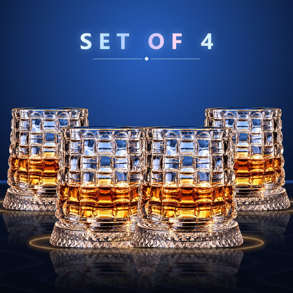 Set of 4 Orbit spinning whisky glasses, Glacier cut
