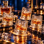 Orbit glasses on a bar tray beside a decanter