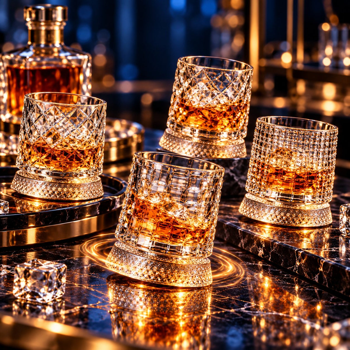 Orbit glasses on a bar tray beside a decanter