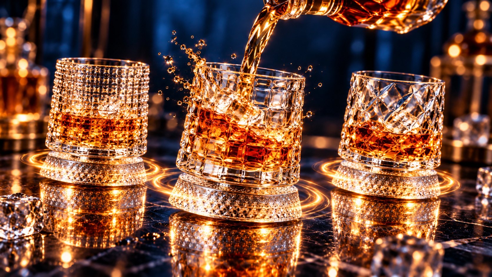 Whisky poured into three Orbit glasses spinning on their bases