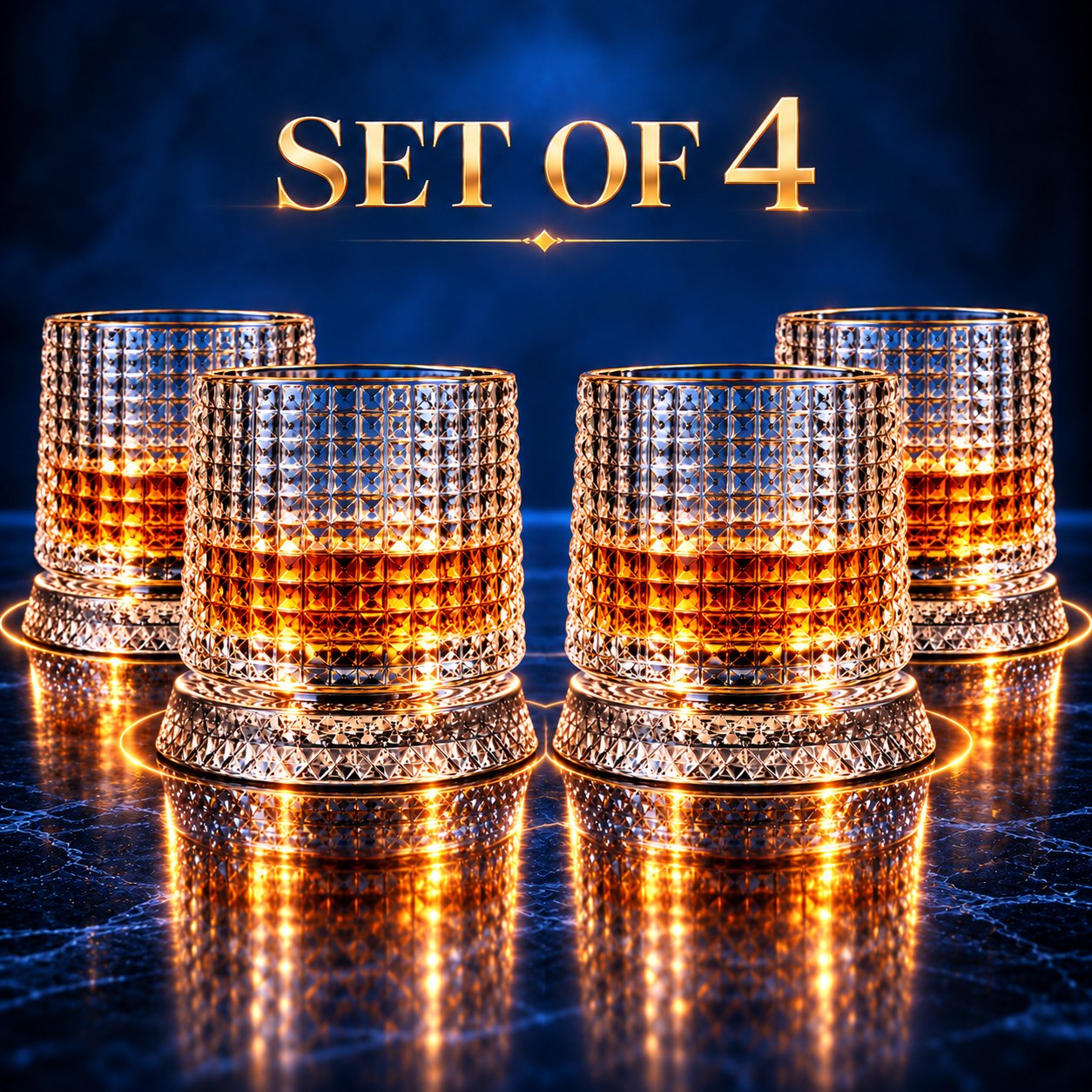A set of four Orbit spinning whisky glasses